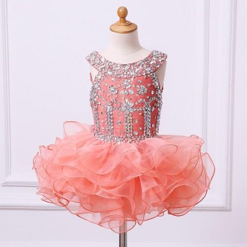Jiyigong Organza Ruffled Flower Girls Dresses Pageant Dress Beaded Crystals Ball Gowns Cupcake Dress Mini Length