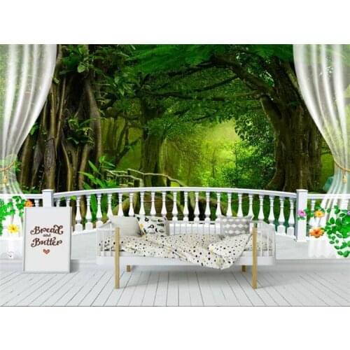 Custom 3d wallpaper nature landscape green big tree forest waterfall balcony landscape background wall 3d wallpaper
