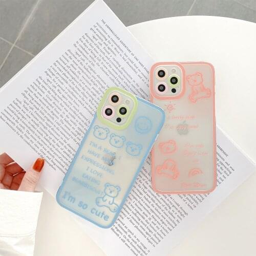 Cute Cartoon Graffiti Bear Phone Case for 11 12 Pro Max X XR XS 7 8Plus Sunshine Smiley Face Lens Protection Transparent Cover