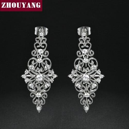 ZHOUYANG Earrings For Women Vintage Luxurious Hollowed-out Cubic Zirconia Geometric Wedding Silver Color Fashion Jewelry E474