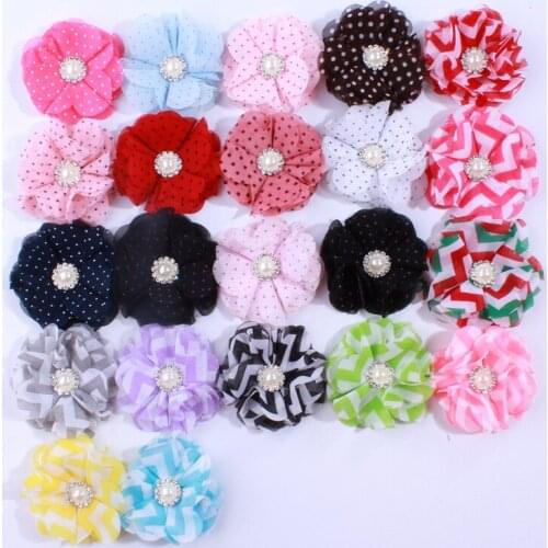 200PCS 2 inch Polka Dot Chiffon Fabric Flower with Pearl Rhinestone U Pick Color Head Wear