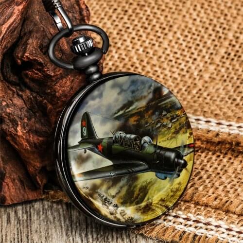Printed Fighter Plane Souvenir Quartz Pocket Watch Arabic Numerals Display Pendant Pocket Clock Gifts Men Women with Black Chain