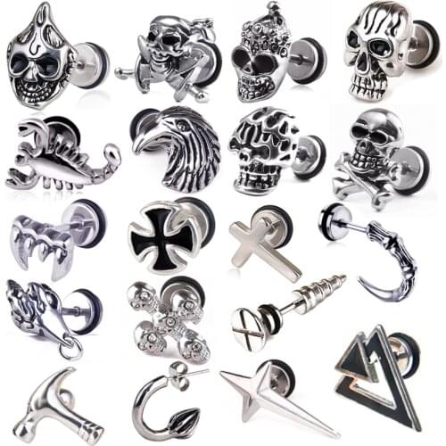 Unisex Women Men Earrings Stainless Steel Piercing Nail Screw Cross Skull Stud Earrings Punk Helix Ear Piercings Fashion Jewelry
