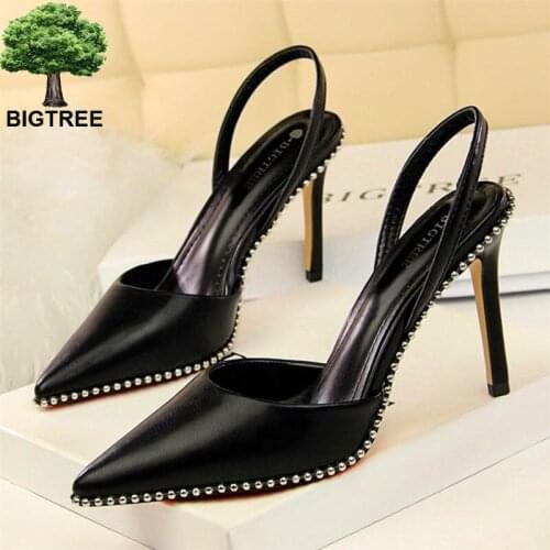 BIGTREE Show Thin Women Sandals Rivet Back Strap Shallow High Heels Shoes Womens Solid Flock/PU Pointed Toe Sexy Party Sandals
