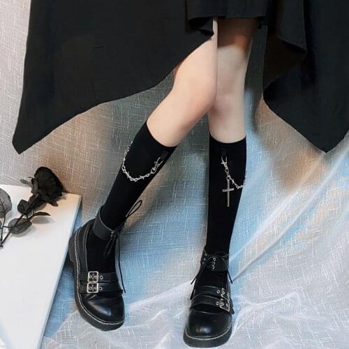 Womens Harajuku Stockings Womens Cross-chain Black Socks Pure Cotton Hip Hop Street Riding Socks