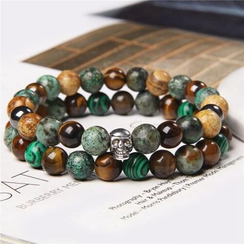 Skull Charm Mix Natural Stone Bracelets For Women Men Tiger Eye African Turquoises Malachite Picture Stone Bangle Gothic Jewelry