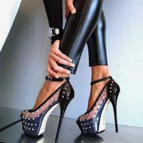 New Full Stud Shoes For Women Rivet Pumps Super High Heels Peep Toe Platform Clear Sandals Female Party Striptease Woman Shoes