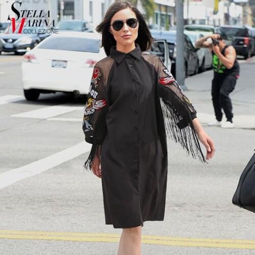 New Woman Plus Size Black Casual Shirt Dress 3/4 Mesh Sleeves Eagle Embroidery Fringe Ladies Midi Straight Party Dress Robe 3398