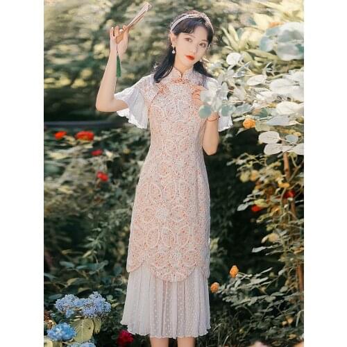 Summer New Style Chinese Style Retro Improved Floral Cheongsam Dress High-End Temperament Lace Stitching Chiffon Long Dress