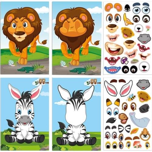 9 Pieces Stickers Kid DIY Sticker Puzzle Games Make-A-Face Animal Dinosaur Assemble Jigsaw Education Children Baby Toys For Girl