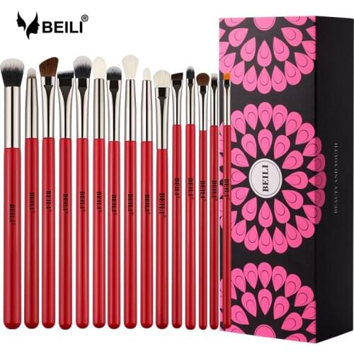 BEILI Natural Goat hair Red Eye Makeup Brushes Set with Cosmetic Sponge set for Foundation Powder Eye shadow Blending Box Pack