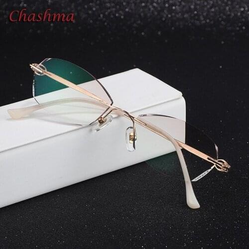 Colored Lenses Fashion Glasses Frame Women Optical Glasses Rimless Titanium Spectacles Female Stones Eyeglasses