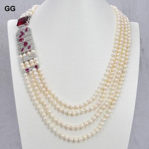 GuaiGuai Jewelry 23'' 4 Rows Freshwater Cultured White Pearl Red Crystal Cz Pave Big Pendant Necklace Classic For Women