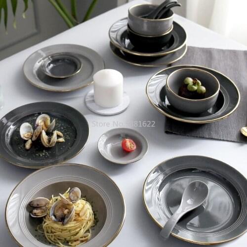 Nordic Phnom Penh Ceramic Eating Bowl Large NoodleSoup Dishes Plate Dinner Plate Rice Plate Black and Gray Tableware