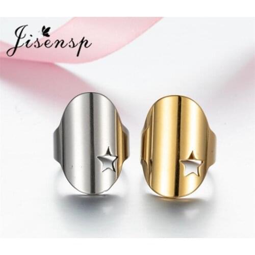 Jisensp Unique Fashion Big Oval Shape Rings Gold Silver Color Adjustable Hollow Star Stainless Steel Rings for Women Jewelry