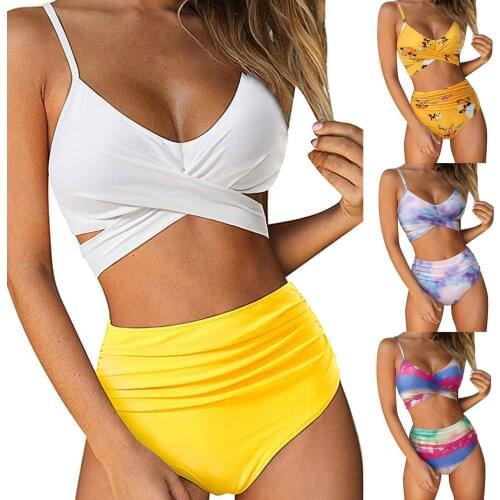 Hirigin Women Two-piece Swimming Set U-shaped Tie-Dye Melange Collar Sleeveless Chest Front Cross Tie Vest High Waist Shorts
