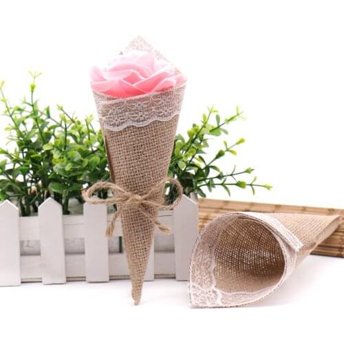 Creative Burlap Lace Cone Bouquet 10pcs DIY Handmade Flower Packaging Box +3M Linen Rope for Wedding Birthday Party Decoration