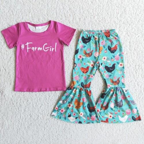 Wholesale Boutique Kids Clothes Toddler Girl Rose Red Color Top And Beller Pants Set Fashion Chicken Pattern Design