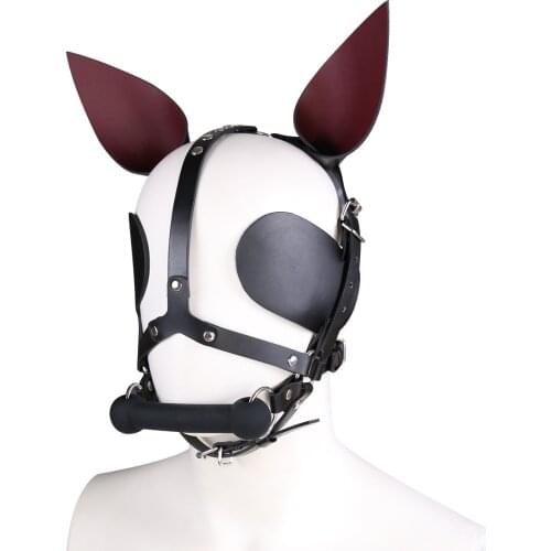 Fetish Leather Harness Head Piece Hood Mask With Silicone Bone Mouth Gag Ears Eye Shade Bit Blindfold For Pony Pet Cosplay Bdsm