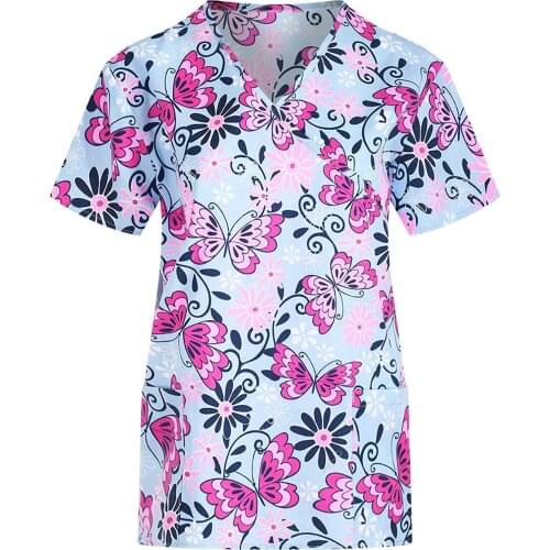Working Nurse Uniform Tops Butterflies Flowers Print Short Sleeve V Neck New Clothes Nursing Blouse for Women Mukoti Yunifomu