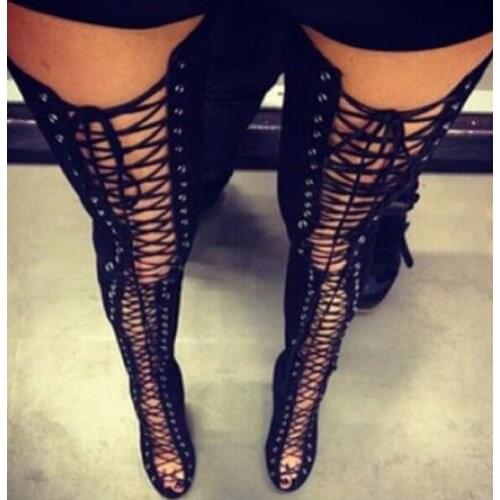 Plus Size 13 Suede Over The Knee Boots Peep Toe Lace-up Tight High Boots For Woman High Heel Gladiator Sandals Boots Real Photo