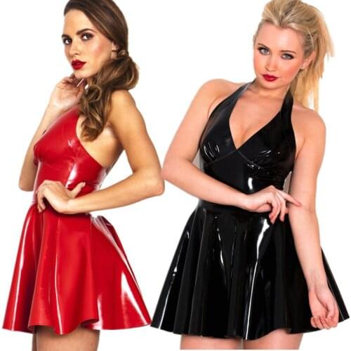 S-3XL Top Quality Lady Sexy PVC Leather Latex Dress Black red PU Latex Dress Bodycon Catsuit Bondage Clubwear Pole Dance Costume