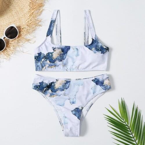 Sexy Tie Dye Print Bikini Bandeau Swimwear Women 2021 Swimsuit Blue Swimming Suit Bikinis Mujer Beachwear Bathing Suit Biquinis
