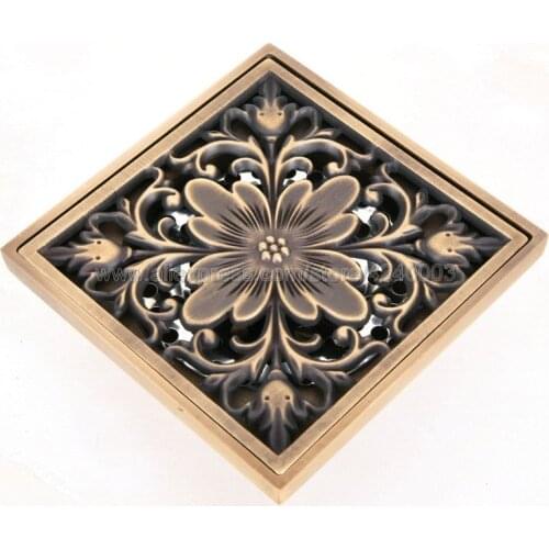 Shower Drains Square 10*10cm Bath Drains Strainer Antique Brass Art Flower Carved Bathroom Floor Drain Waste Grate Drain Khr042
