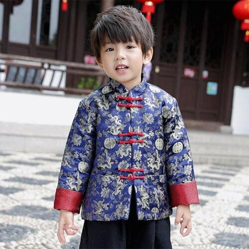 Tang Cheongsam C Long Sleeve Loose Coat Blue New Year Costumes For Kids Boy Chinese Qipao Children Chinese Style Winter Coat
