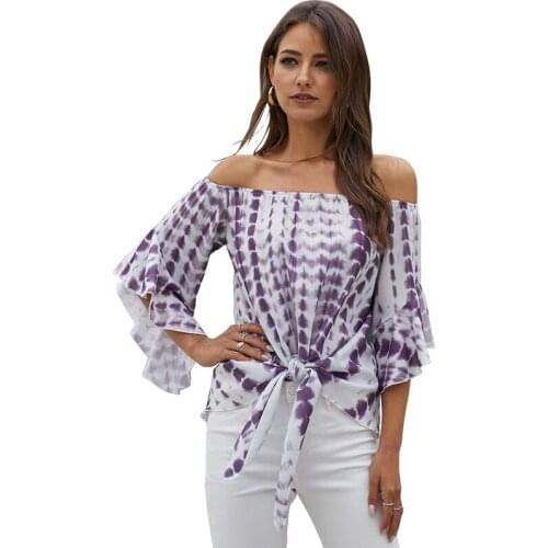 Women Long Sleeve Off Shoulder Floral Print Hollow Out Lace Up Blouse Shirt Top