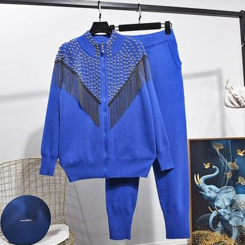 2020 Autumn Two piece Set Womens Heavy Riveting Nail Tassel Knitted Cardigan Jacket+Knit Pants Suit Women Luxury 2pcs Suit