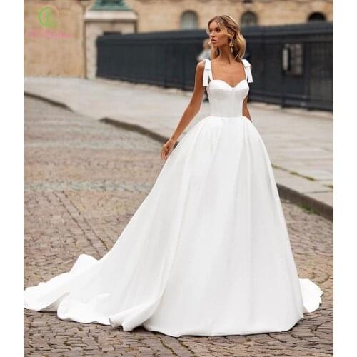 SSYFashion New Satin Wedding Dress Simple Sexy Sweetheart A-line Court Train Long Wedding Gowns for Bride Vestidos De Novia