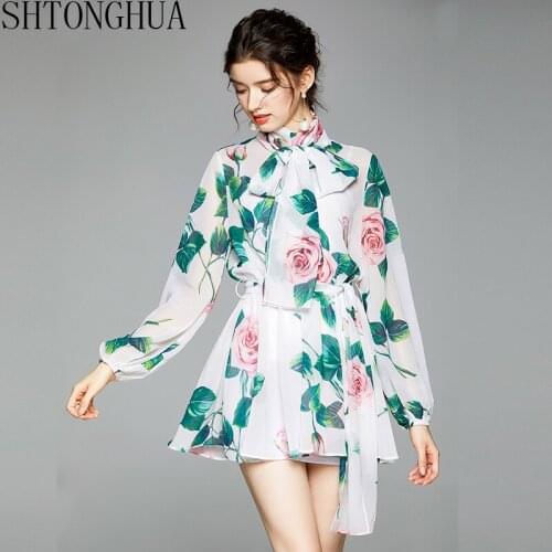 2020 Runway Designer Charming Rosee Printing Chiffon Dress 2020 New Womens Long Sleeve Bow Tie Slim Mini Dress With Belt
