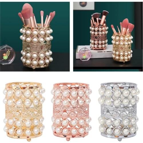 1Pc Pearl Cosmetic Brush Holder Hollow Metal Pen Pencils Storage Box Beauty Eyeliner Makeup Tools Organizer