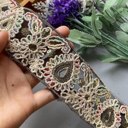1 Yards Multicolor 50mm Ethnic Gold Thread Sequins Webbing Ribbon Tape Shoes Dress Embroidered Lace Trims DIY Sewing Accessorie