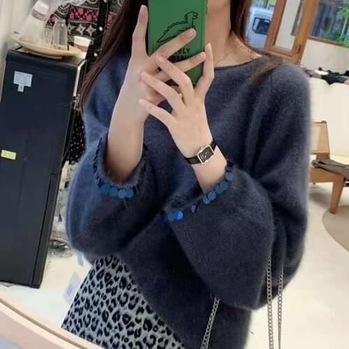 202 new western style raccoon velvet pullover sweater women autumn and winter loose wild long-sleeved round neck knitted top