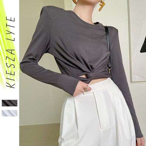 2021 new fall waist lace-up T-shirt with round collar and cross-hem shoulder pads design long-sleeve T-shirt