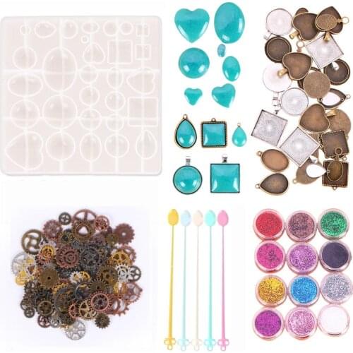 55Pcs Jewelry Making Tools Set Pendant Silicone Resin Mold Pendant Trays Glitter Gears Stirrers Craft Necklace Casting