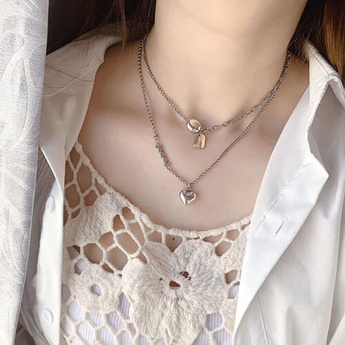 ANENJERY 925 Sterling Silver Love Heart Star Pendant Thai Silver Necklace Asymmetric Round Bead Chain For Women S-N641