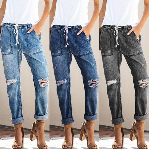 New Fashion Women Drawstring Elastic Waist Jeans Ripped Straight Denim Pants Mid Waist Casual Streetwear Washed Denim Trousers