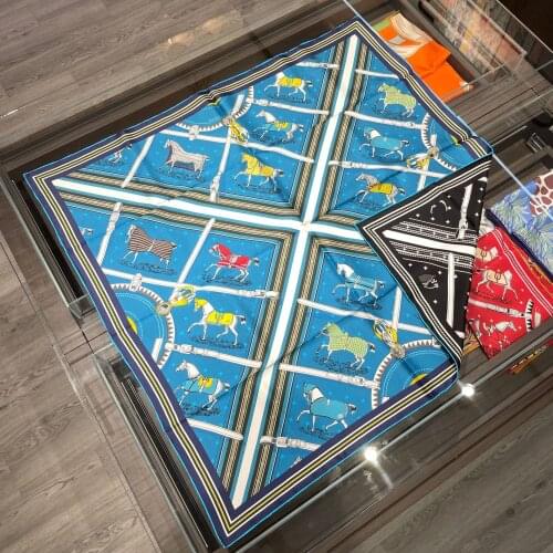 Double Sided Horse Coat 100% Real Silk Scarf Hand Rolled Edges Brand Design Natural Silk Square Scarf Shawl Women Hijab Bandana