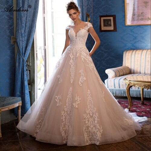 Alonlivn Elegant V-neck A-Line Wedding Dresses Beading Appliques Customize Made Bridal Skirts