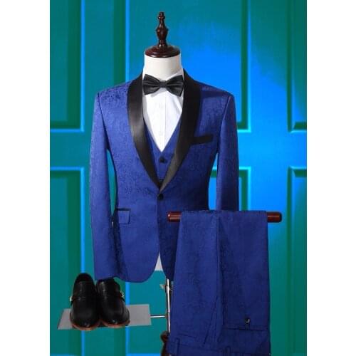 Fad Latest Coat Pant Designs Royal Blue Pattern Men Suit Slim Fit 3 Piece Tuxedo Custom Style Groom Suits Prom Blazer Masculino