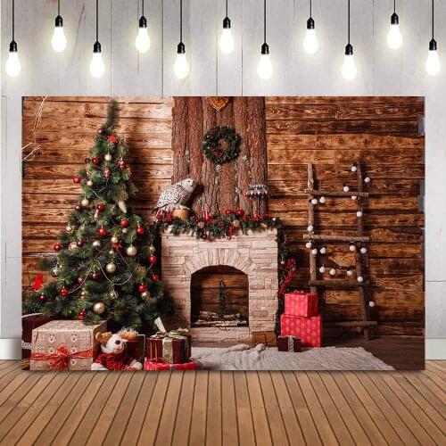 Rustic wood house backdrop for photography studio Brick vintage fireplace Christmas tree photo background studio photocall prop