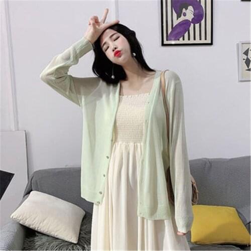 Cardigans Women Thin Summer Solid Sunscreen Casual See-through Long Sleeve Knitted Sweaters Womens Simple Loose Korean Style New