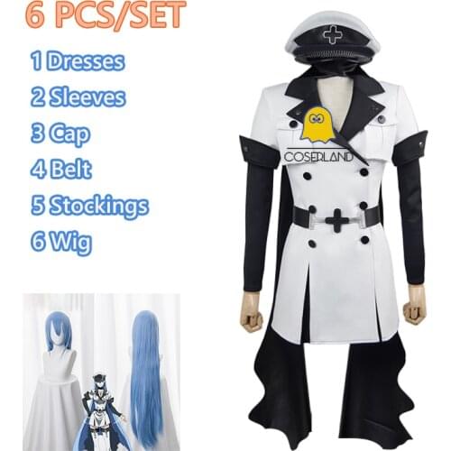 6 PCS Jaegers Esdeath Cosplay Costume Akame Ga KILL Black Uniform White Outfit Halloween Women Anime Blue Long Straight Wig