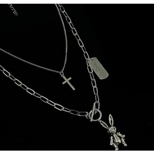 Rabbit Cross Metal Pendant Multi layer Necklace Punk Long O-chain Necklace Jewelry Kpop Men Women Long Necklaces Cross