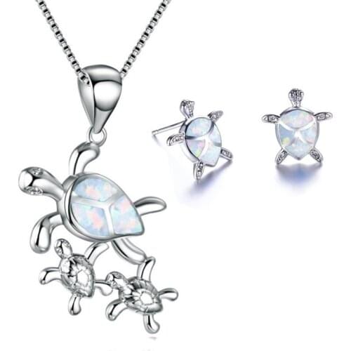Cute Turtle Mother and Turtle Baby Pendant Necklace With Earrings Blue Imitation Fire Opal Jewelry Set For Women Accessories