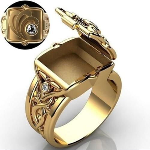 Multi-functional Box Ring Loves Photo Setting Cover Open Gold Color Ring Crystal Setting Pattern Engraved Finger Band Gifts