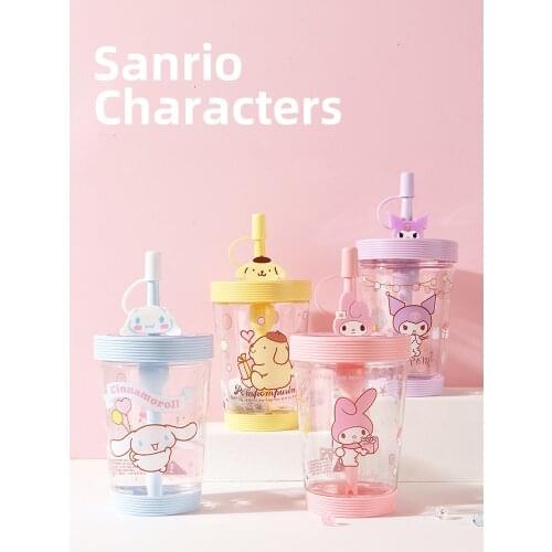 Cartoon Cute Drinking Cup with Straw Cup 20cm Kawaii Cinnamoroll Kuromi Purin Mymelody Childrens Straw Cup
